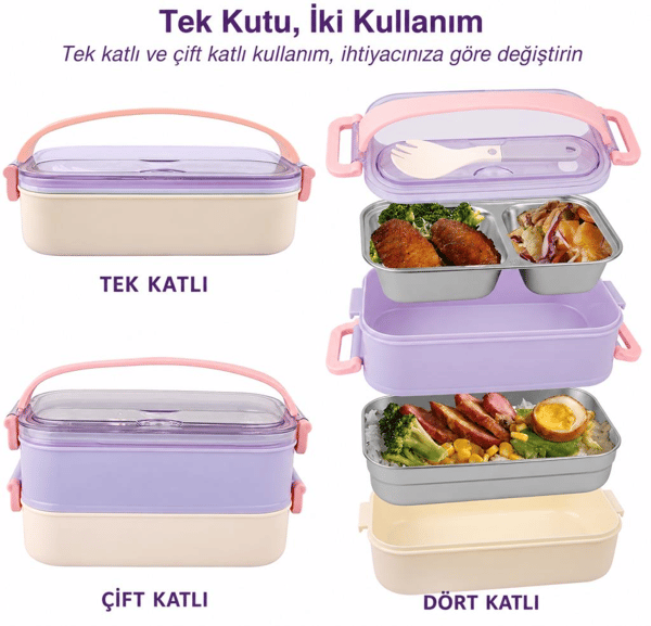 Vagon Life VGN-462 Mor-Beyaz 1400 ml 3 Bölmeli Paslanmaz Çelik Lunch Box Beslenme Kabı
