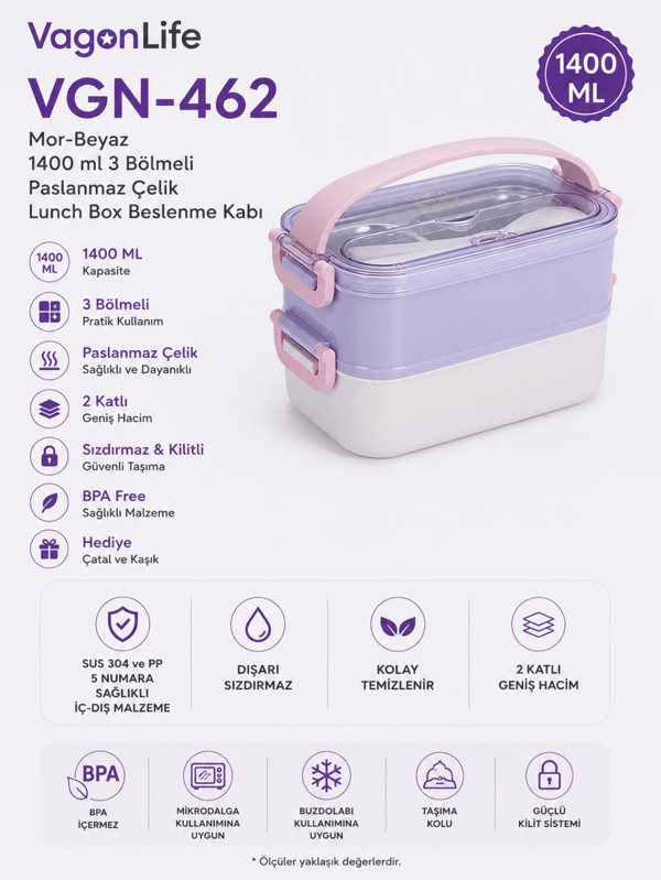Vagon Life VGN-462 Mor-Beyaz 1400 ml 3 Bölmeli Paslanmaz Çelik Lunch Box Beslenme Kabı