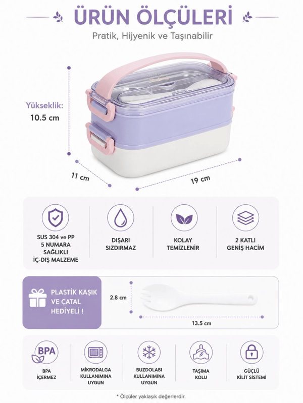 Vagon Life VGN-462 Mor-Beyaz 1400 ml 3 Bölmeli Paslanmaz Çelik Lunch Box Beslenme Kabı