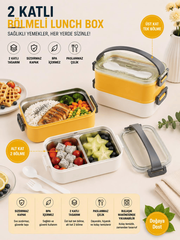 Vagon Life VGN-462 Sarı-Beyaz 1400 ml 3 Bölmeli Paslanmaz Çelik Lunch Box Beslenme Kabı
