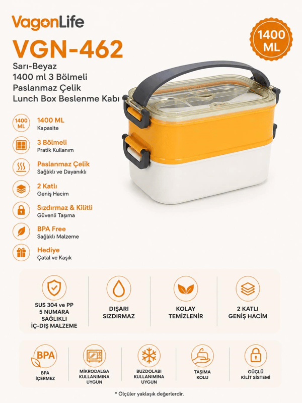 Vagon Life VGN-462 Sarı-Beyaz 1400 ml 3 Bölmeli Paslanmaz Çelik Lunch Box Beslenme Kabı