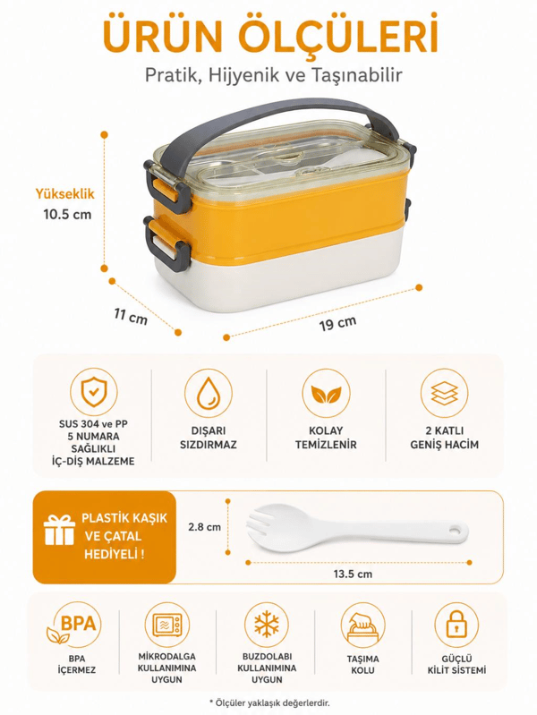 Vagon Life VGN-462 Sarı-Beyaz 1400 ml 3 Bölmeli Paslanmaz Çelik Lunch Box Beslenme Kabı