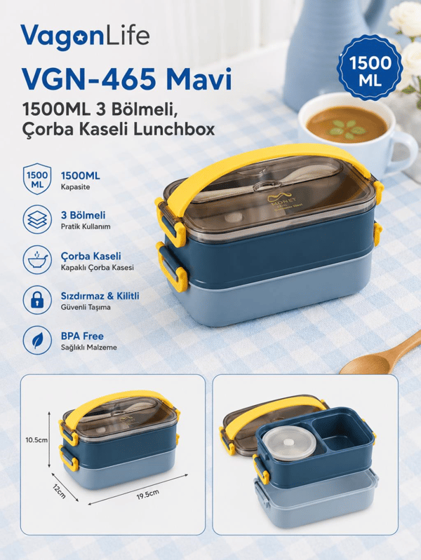 Vagon Life VGN-465 Mavi 1500 ml Kapasiteli 3 Bölmeli Çorba Kaseli Lunch Box Beslenme Kabı