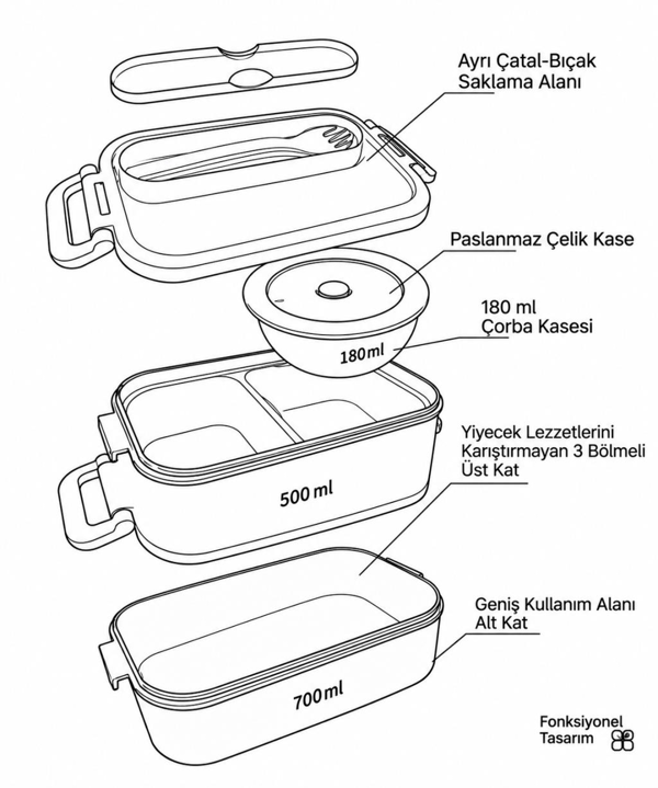Vagon Life VGN-465 Yeşil 1500 ml Kapasiteli 3 Bölmeli Çorba Kaseli Lunch Box Beslenme Kabı