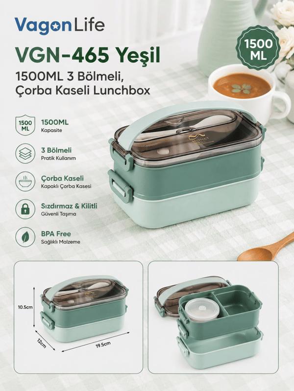 Vagon Life VGN-465 Yeşil 1500 ml Kapasiteli 3 Bölmeli Çorba Kaseli Lunch Box Beslenme Kabı