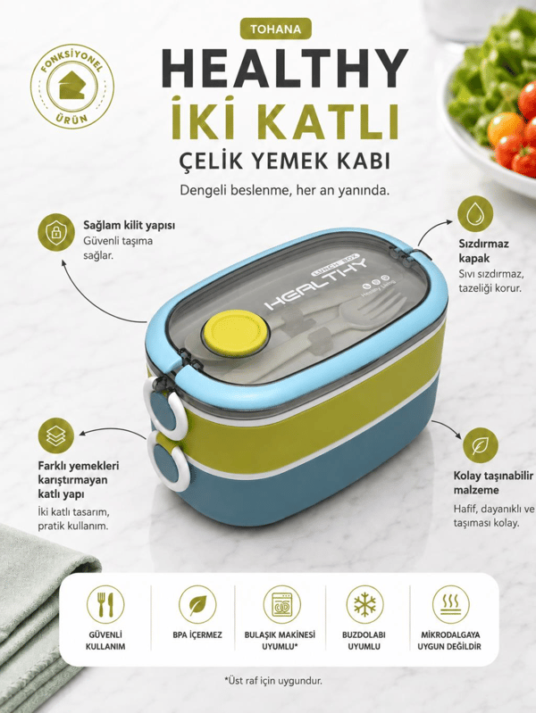 Vagon Life VGN-6729 Mavi 900 ml 2 Katlı Paslanmaz Çelik Yemek Kabı (Lunch Box)