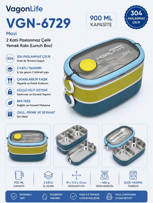 Vagon Life VGN-6729 Mavi 900 ml 2 Katlı Paslanmaz Çelik Yemek Kabı (Lunch Box)
