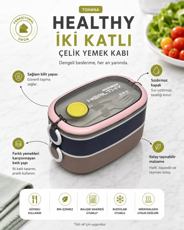 Vagon Life VGN-6729 Pembe 900 ml 2 Katlı Paslanmaz Çelik Yemek Kabı (Lunch Box)