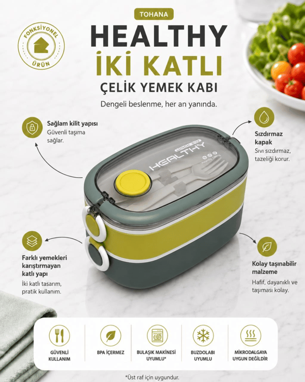 Vagon Life VGN-6729 Yeşil 900 ml 2 Katlı Paslanmaz Çelik Yemek Kabı (Lunch Box)