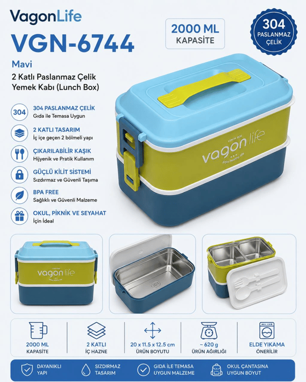 Vagon Life VGN-6744 Mavi 2000 ml 2 Katlı Paslanmaz Çelik Yemek Kabı (Lunch Box)