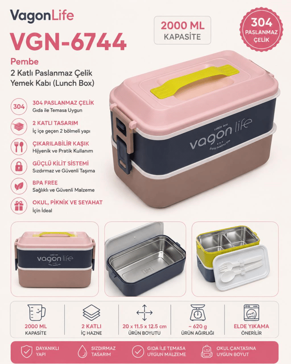 Vagon Life VGN-6744 Pembe 2000 ml 2 Katlı Paslanmaz Çelik Yemek Kabı (Lunch Box)