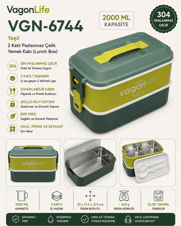Vagon Life VGN-6744 Yeşil 2000 ml 2 Katlı Paslanmaz Çelik Yemek Kabı (Lunch Box)