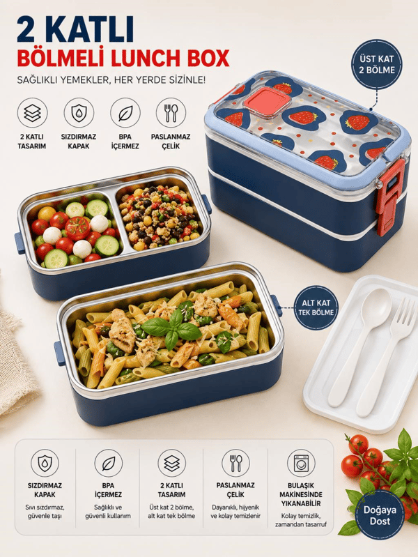 Vagon Life VGN-6748 Mavi 700 ml 2 Katlı Paslanmaz Çelik Lunch Box Beslenme Kabı