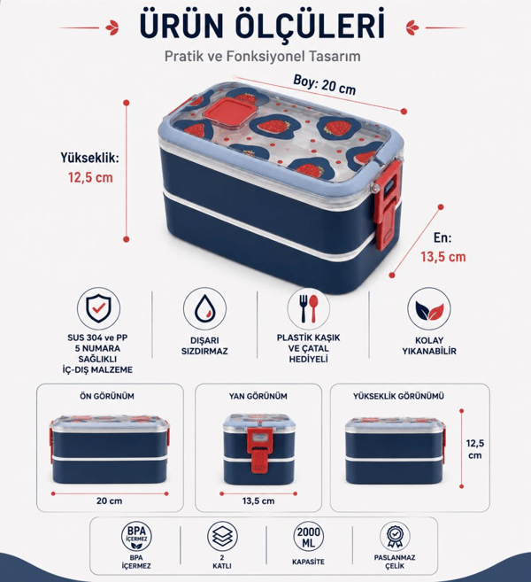 Vagon Life VGN-6748 Mavi 700 ml 2 Katlı Paslanmaz Çelik Lunch Box Beslenme Kabı