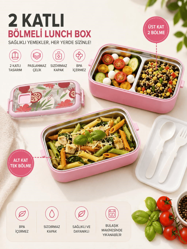 Vagon Life VGN-6748 Pembe 700 ml 2 Katlı Paslanmaz Çelik Lunch Box Beslenme Kabı