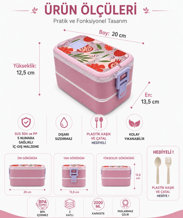 Vagon Life VGN-6748 Pembe 700 ml 2 Katlı Paslanmaz Çelik Lunch Box Beslenme Kabı
