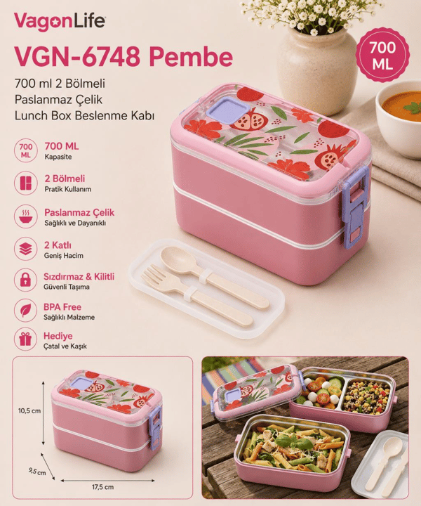 Vagon Life VGN-6748 Pembe 700 ml 2 Katlı Paslanmaz Çelik Lunch Box Beslenme Kabı