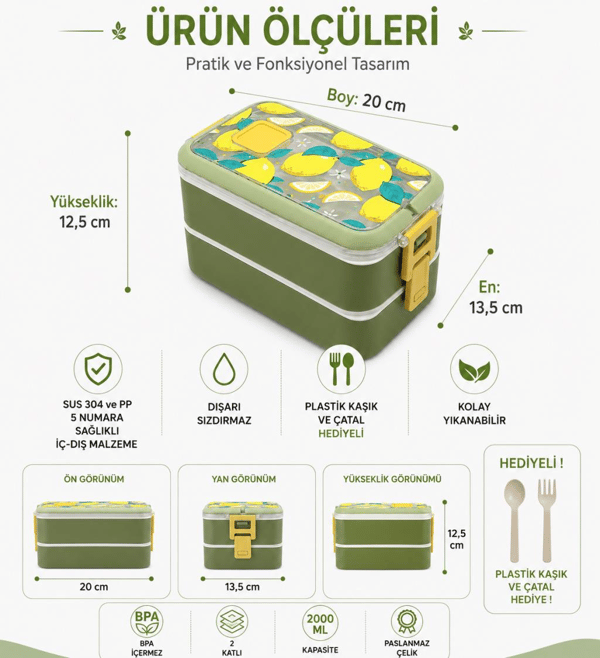 Vagon Life VGN-6748 Yeşil 700 ml 2 Katlı Paslanmaz Çelik Lunch Box Beslenme Kabı