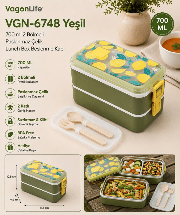 Vagon Life VGN-6748 Yeşil 700 ml 2 Katlı Paslanmaz Çelik Lunch Box Beslenme Kabı