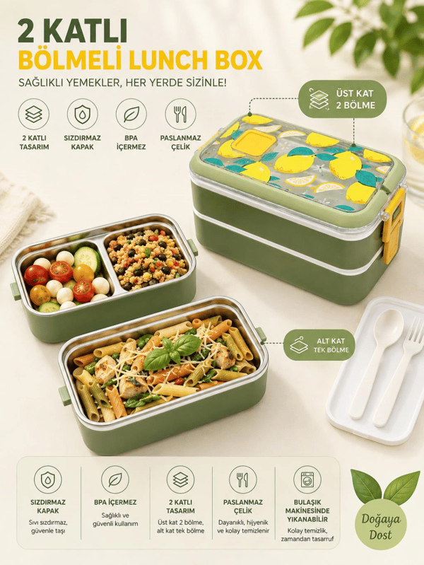 Vagon Life VGN-6748 Yeşil 700 ml 2 Katlı Paslanmaz Çelik Lunch Box Beslenme Kabı