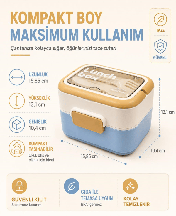 Vagon Life VGN-6750 Mavi 540 ml Çatal Kaşıklı 2 Katlı Paslanmaz Çelik Yemek Kabı (Lunch Box)