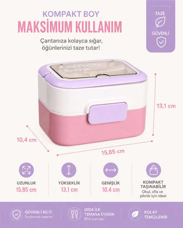 Vagon Life VGN-6750 Pembe 540 ml Çatal Kaşıklı 2 Katlı Paslanmaz Çelik Yemek Kabı (Lunch Box)