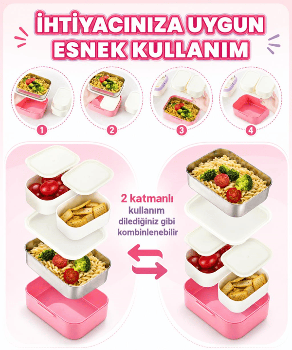Vagon Life VGN-6750 Pembe 540 ml Çatal Kaşıklı 2 Katlı Paslanmaz Çelik Yemek Kabı (Lunch Box)