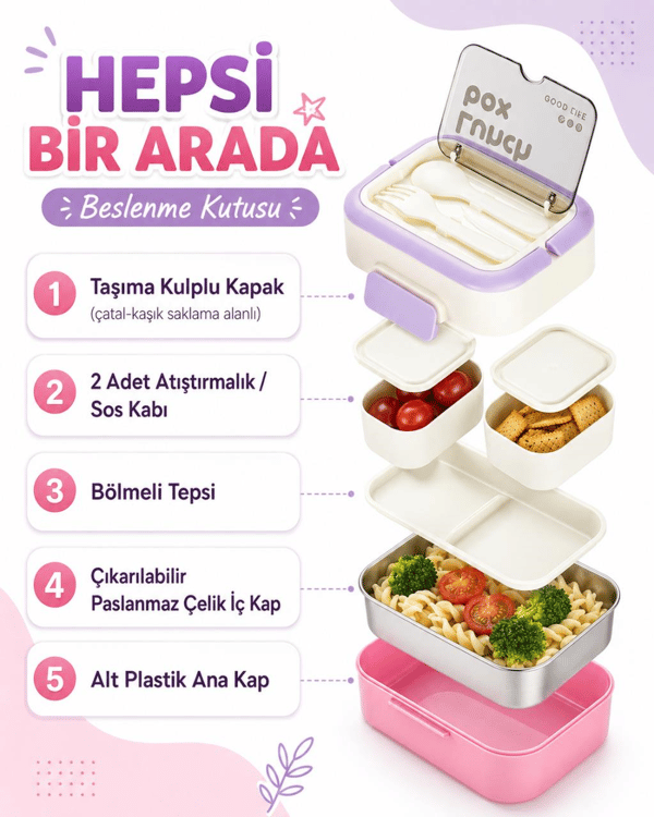Vagon Life VGN-6750 Pembe 540 ml Çatal Kaşıklı 2 Katlı Paslanmaz Çelik Yemek Kabı (Lunch Box)