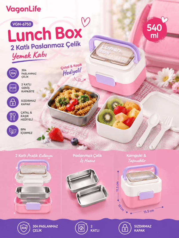 Vagon Life VGN-6750 Pembe 540 ml Çatal Kaşıklı 2 Katlı Paslanmaz Çelik Yemek Kabı (Lunch Box)