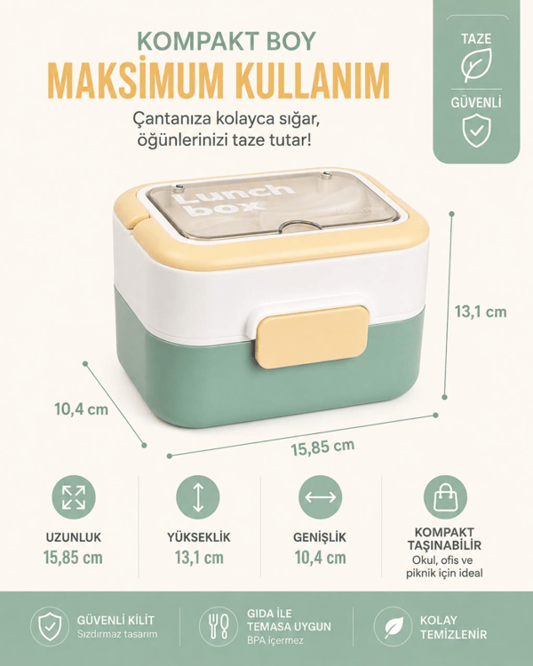 Vagon Life VGN-6750 Yeşil 540 ml Çatal Kaşıklı 2 Katlı Paslanmaz Çelik Yemek Kabı (Lunch Box)