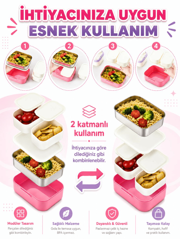 Vagon Life VGN-6750 Yeşil 540 ml Çatal Kaşıklı 2 Katlı Paslanmaz Çelik Yemek Kabı (Lunch Box)