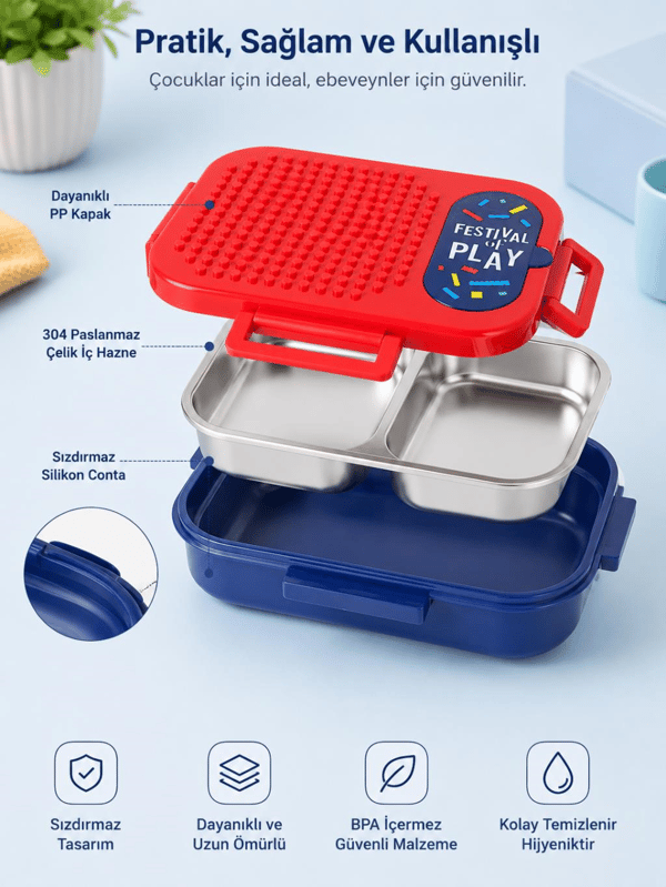 Vagon Life VGN-7161 Blok Uyumlu Kırmızı Lacivert Paslanmaz Çelik Lunch Box Beslenme Kutusu