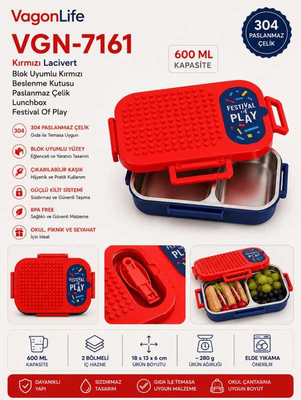 Vagon Life VGN-7161 Blok Uyumlu Kırmızı Lacivert Paslanmaz Çelik Lunch Box Beslenme Kutusu