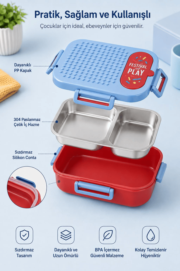 Vagon Life VGN-7161 Blok Uyumlu Mavi Kırmızı Paslanmaz Çelik Lunch Box Beslenme Kutusu
