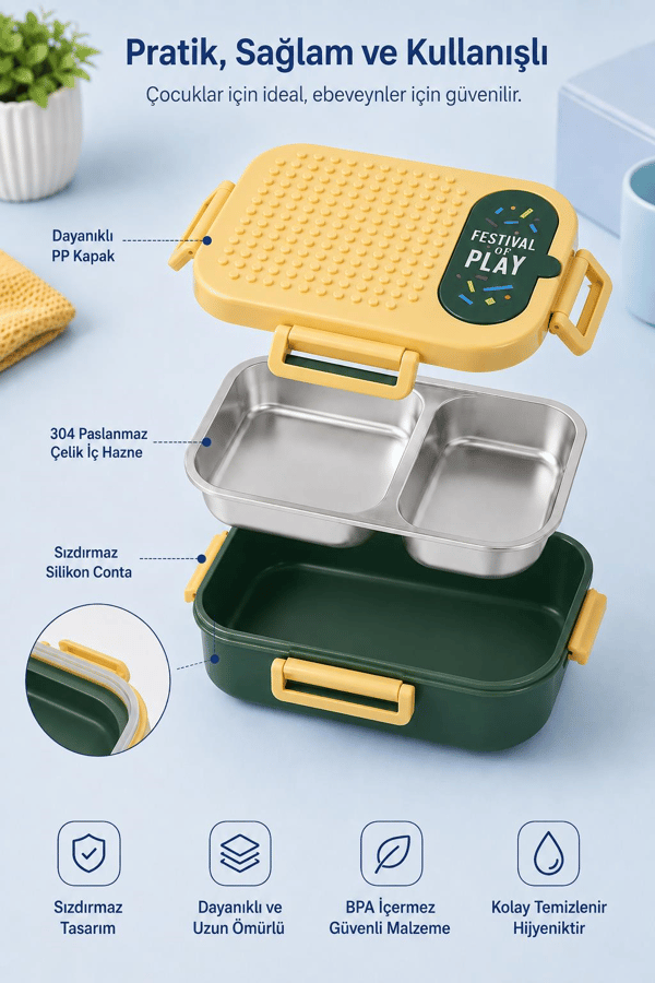 Vagon Life VGN-7161 Blok Uyumlu Sarı-Yeşil Beslenme Kutusu Paslanmaz Çelik Lunchbox Festival Of Play