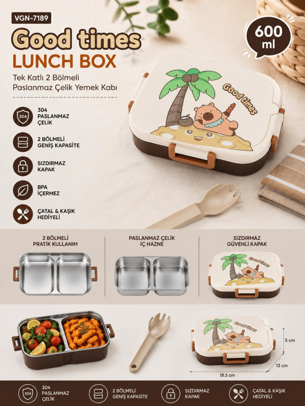 Vagon Life VGN-7189 Good Times 600 ml Tek Katlı 2 Bölmeli Paslanmaz Çelik Yemek Kabı (Lunch Box)