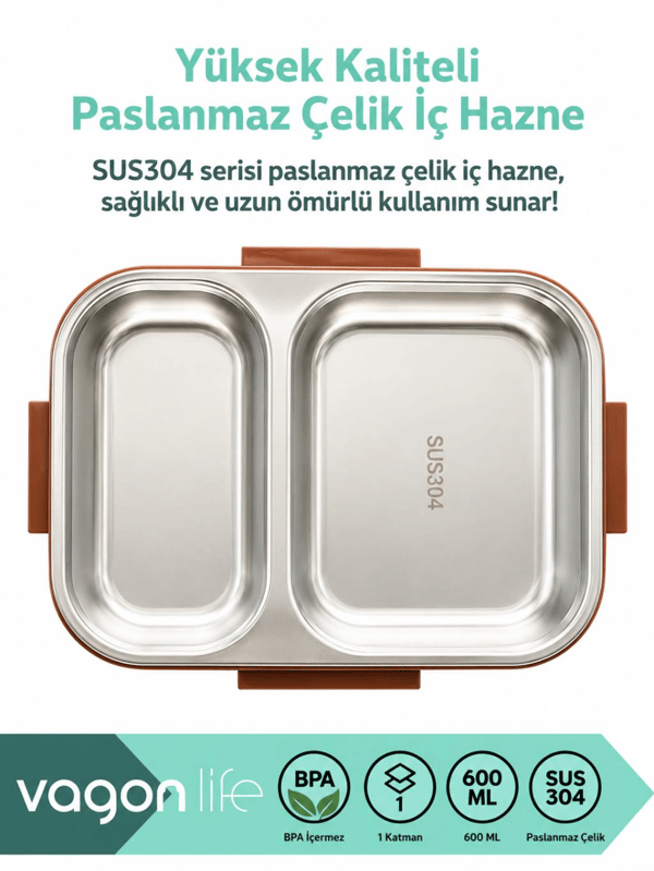 Vagon Life VGN-7189 Let's Go 600 ml Tek Katlı 2 Bölmeli Paslanmaz Çelik Yemek Kabı (Lunch Box)