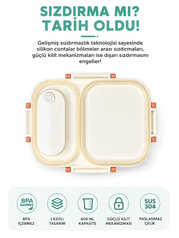 Vagon Life VGN-7189 Yummy 600 ml Tek Katlı 2 Bölmeli Paslanmaz Çelik Yemek Kabı (Lunch Box)