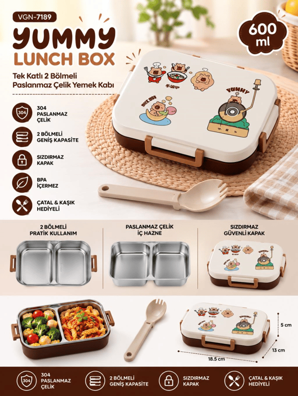 Vagon Life VGN-7189 Yummy 600 ml Tek Katlı 2 Bölmeli Paslanmaz Çelik Yemek Kabı (Lunch Box)