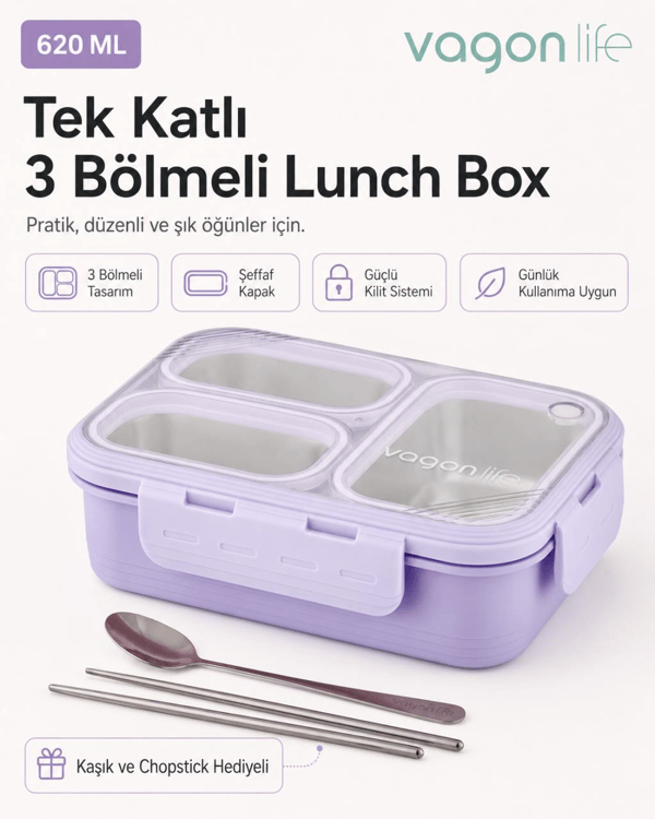 Vagon Life XC-7097 620 ml Mor 3 Bölmeli Paslanmaz Çelik Lunch Box Beslenme Kabı | Çelik Kaşık ve Chopstick Hediyeli