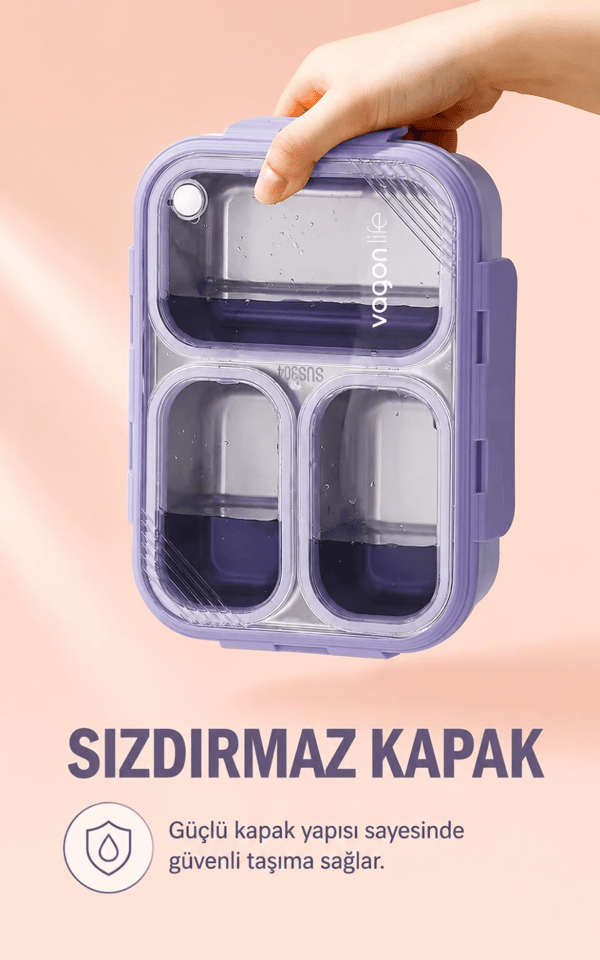 Vagon Life XC-7097 620 ml Mor 3 Bölmeli Paslanmaz Çelik Lunch Box Beslenme Kabı | Çelik Kaşık ve Chopstick Hediyeli