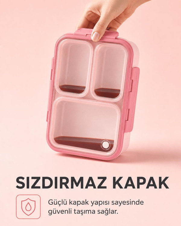 Vagon Life XC-7097 620 ml Pembe 3 Bölmeli Paslanmaz Çelik Lunch Box Beslenme Kabı | Çelik Kaşık ve Chopstick Hediyeli