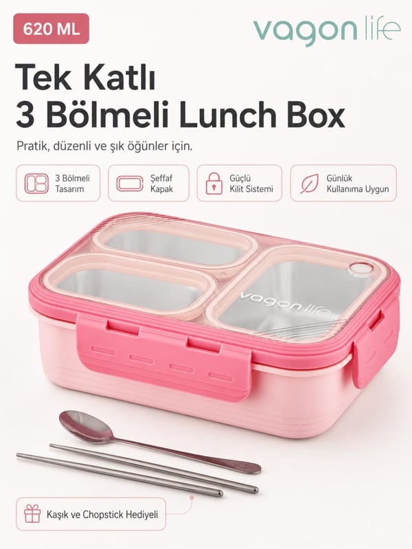 Vagon Life XC-7097 620 ml Pembe 3 Bölmeli Paslanmaz Çelik Lunch Box Beslenme Kabı | Çelik Kaşık ve Chopstick Hediyeli