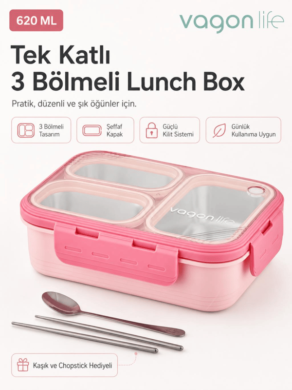 Vagon Life XC-7097 620 ml Pembe 3 Bölmeli Paslanmaz Çelik Lunch Box Beslenme Kabı | Çelik Kaşık ve Chopstick Hediyeli