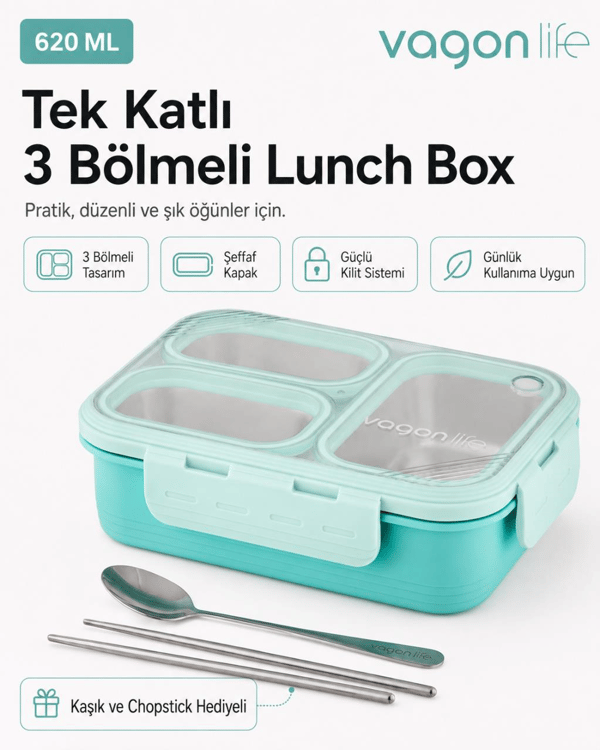 Vagon Life XC-7097 620 ml Yeşil 3 Bölmeli Paslanmaz Çelik Lunch Box Beslenme Kabı | Çelik Kaşık ve Chopstick Hediyeli
