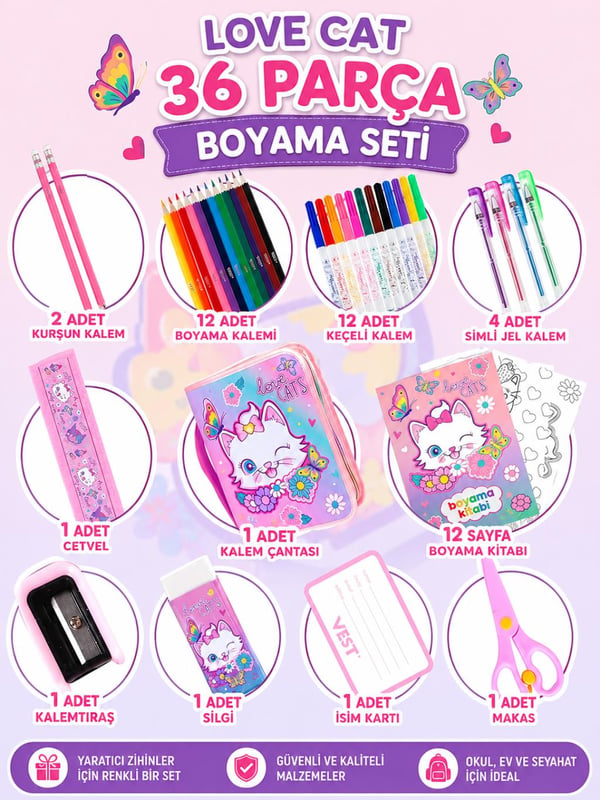 Vest Love Cat 36 Parça Boyama Seti Kalem Çantası VST-KS0008/U2089