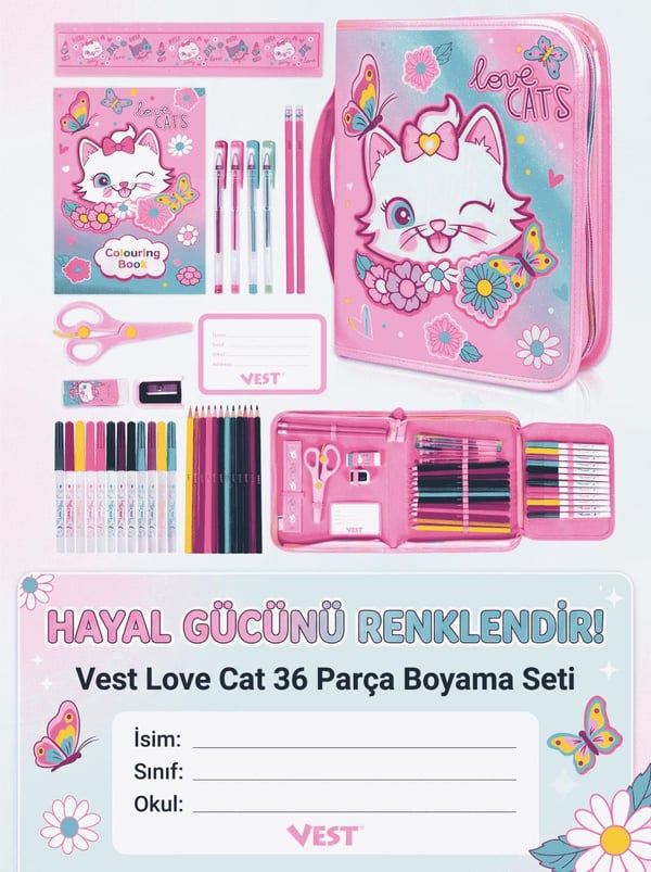 Vest Love Cat 36 Parça Boyama Seti Kalem Çantası VST-KS0008/U2089