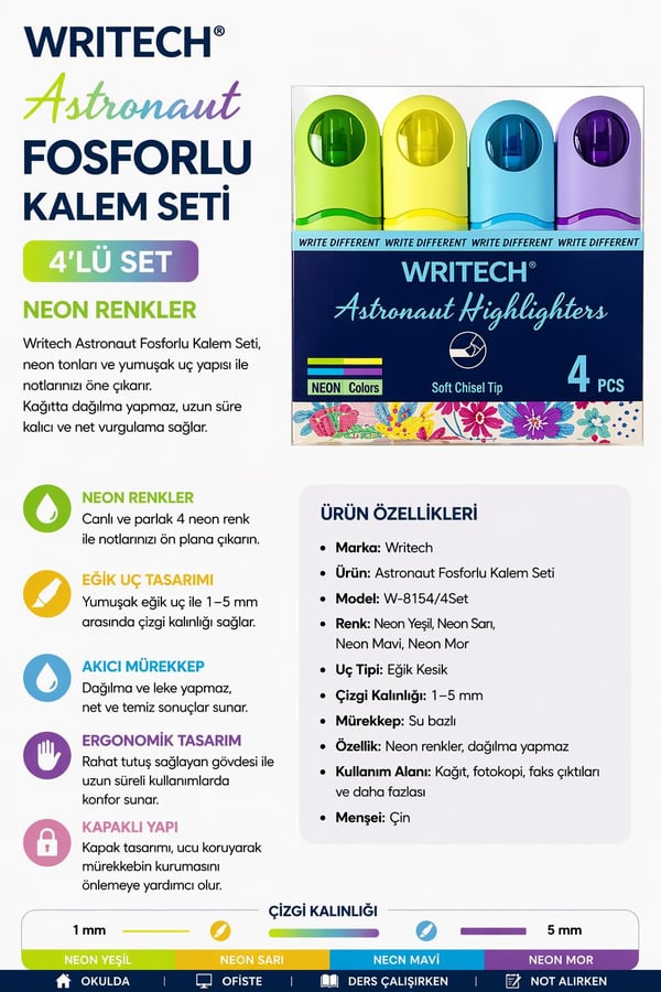 Writech Astronot Fosforlu Kalem Seti Neon Renkler 4'lü Set - W-8154/4Set