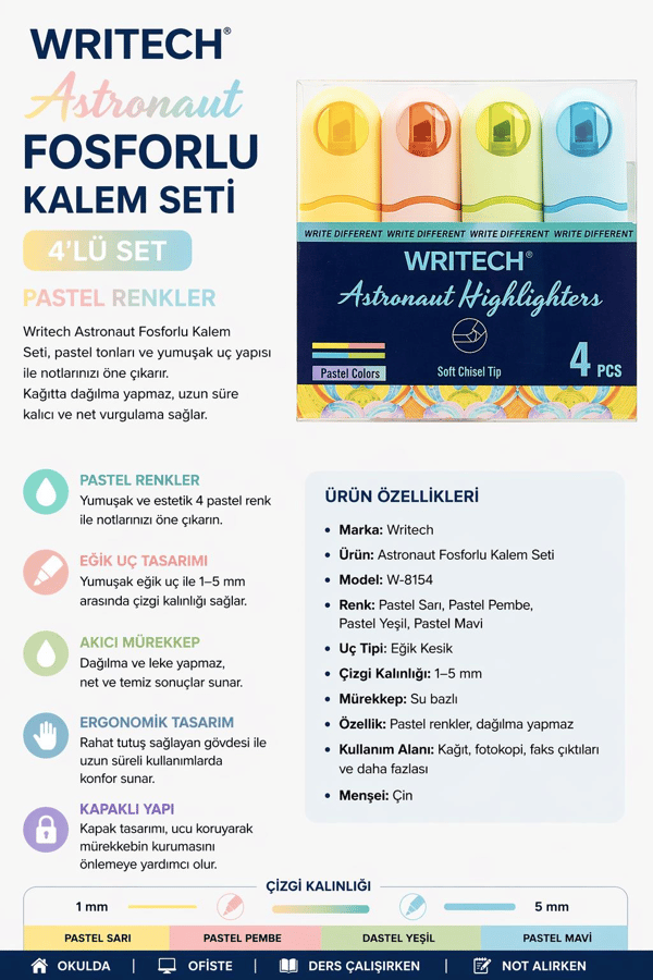 Writech Astronot Fosforlu Kalem Seti Pastel Renkler 4'lü Set W-8154 