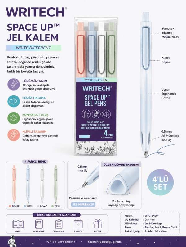 Writech W-0154UP 0.5MM Mavi Jel Kalem 4-lü